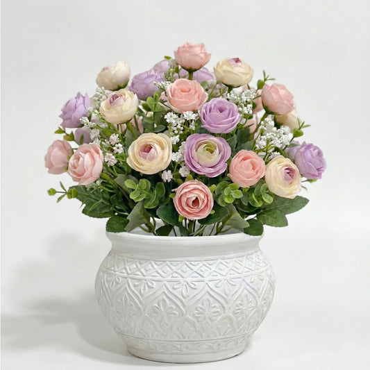 DecorLeaf Mini Artificial Rose & Ranunculus Pot - Small Faux Desk Plant