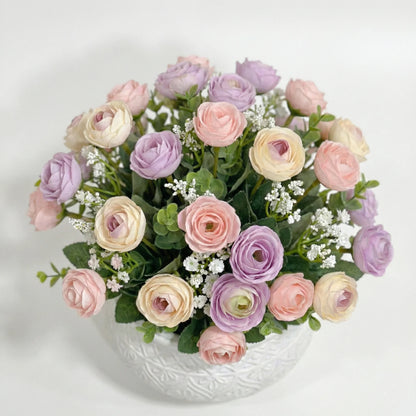 DecorLeaf Mini Artificial Rose & Ranunculus Pot - Small Faux Desk Plant