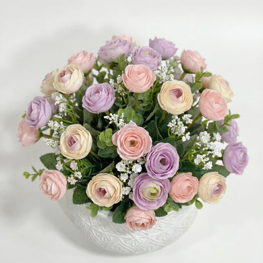 DecorLeaf Mini Artificial Rose & Ranunculus Pot - Small Faux Desk Plant