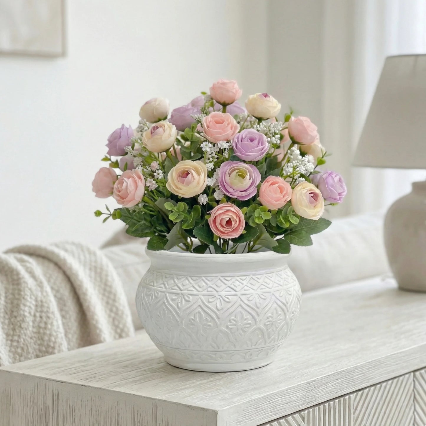 DecorLeaf Mini Artificial Rose & Ranunculus Pot - Small Faux Desk Plant